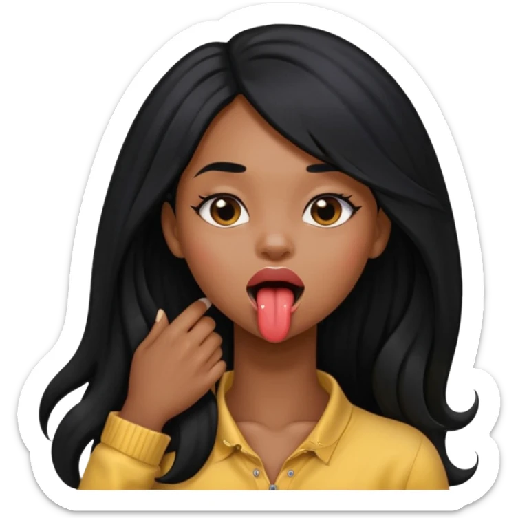a black girl with long black hair holding her neck sticking her tongue out  sticker