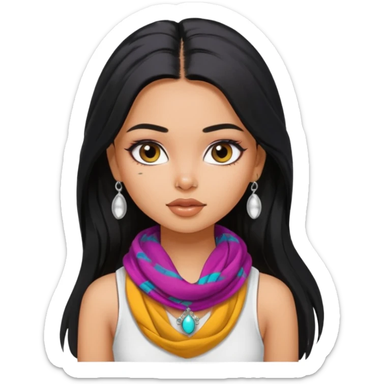 a pretty bratz girl with long black hair, kajal under eyes, small silver jhumkas. White tank top on. Colourful scarf around neck sticker