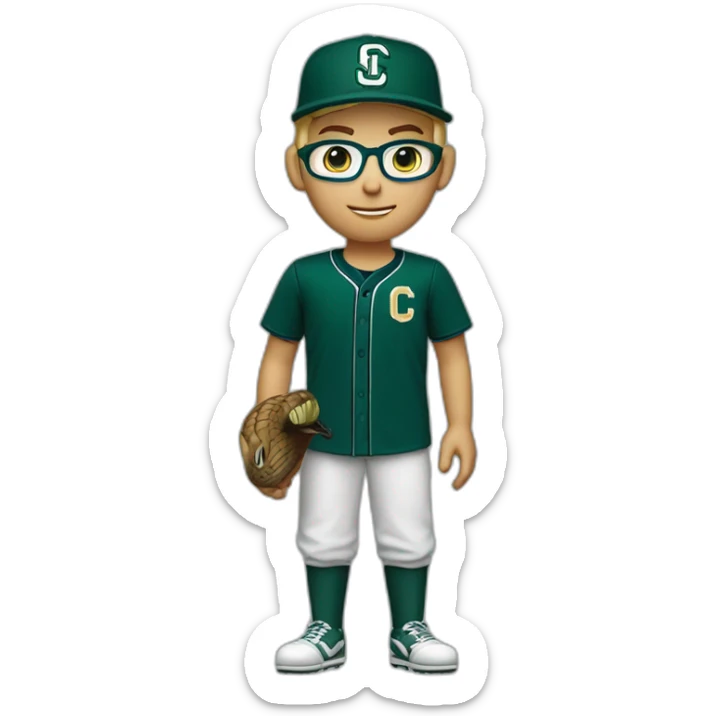 Blonde male short hair with glasses Dark green baseball uniform with hat Blue eyes a cobra snake logo with "C". waist up with a macbook behind the shoulder sticker