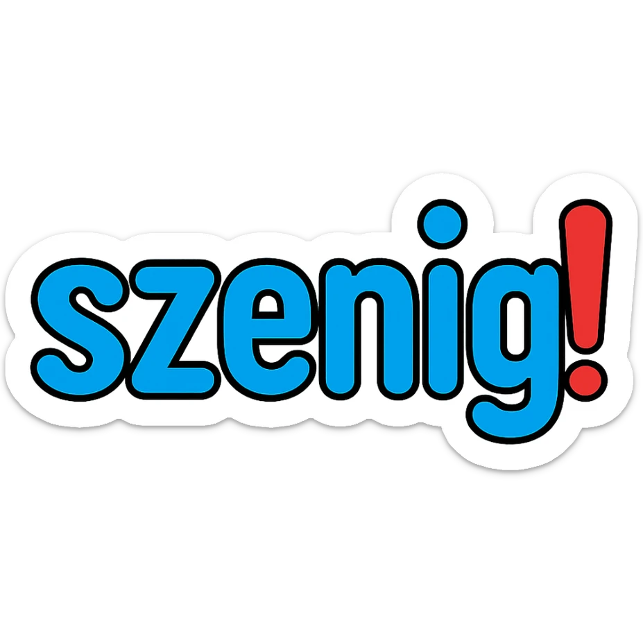 blue lettering 'szenig' with the exclamation mark at the end in strong red, friendly clear look, transparent background sticker