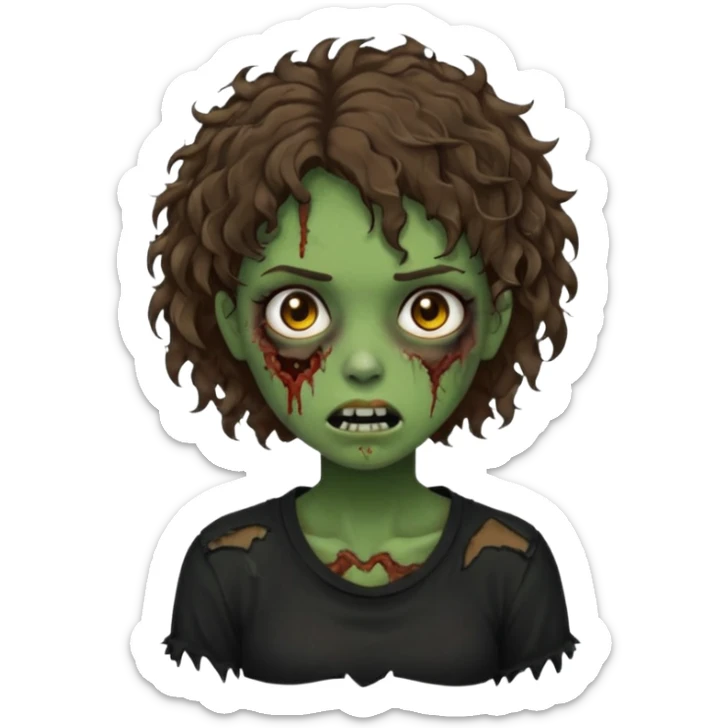 Zombie girl emoji verde com cabelo curto cacheado castanho com uma blusa preta sticker
