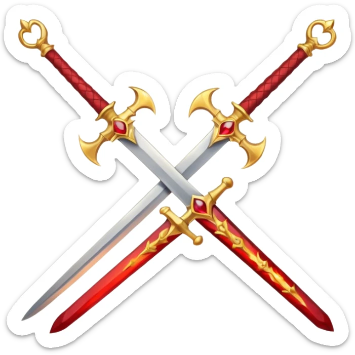 Two crossed swords that are golden in blade and handle and have fiery and royal appearence to them as well as red gem stones yellow in color sticker
