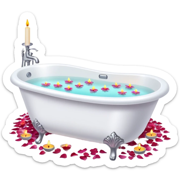 A white bathtub with warm water, with flower petals and scented candles, romantic lush warm colors sticker