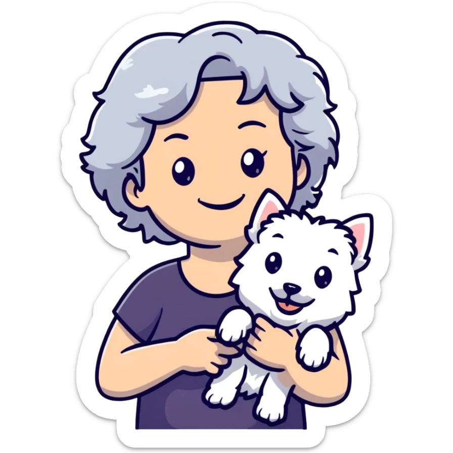50-year-old woman with silver curly hair, smiling, with a Westie dog, cartoonish sticker sticker