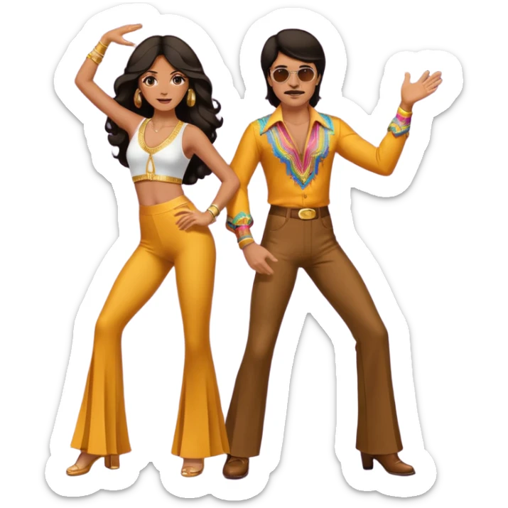 hombre y mujer bailando con ropa de disco de los 70s ambos con pantalones largos, ambos de pelo oscuro sticker