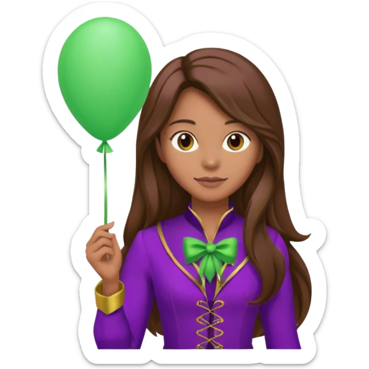 woman with long brown hair and purple costumes, holding green balloon sticker