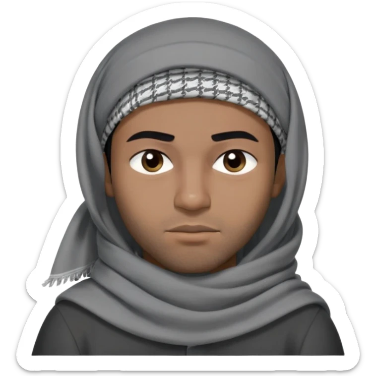 người đàn ông 30 tuổi, da đen, tóc ngắn màu đen, đội khăn kaffiyeh trùm đầu màu xám, biểu cảm buồn ngủ,mắt mở bé, áo đen, nửa thân treen sticker