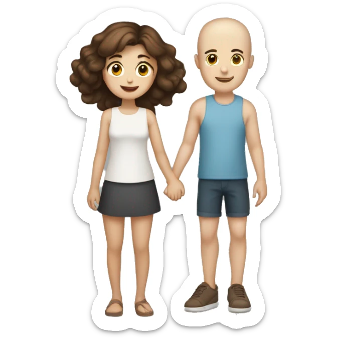 Two girls and one guy holding hands, both girls white skin, one girl brown hair, other girl no hair, guy has short brown hair sticker