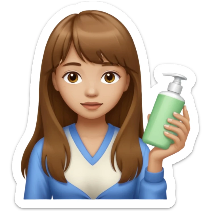 a girl with light skin and medium brown long hair with bangs who is applying lotion to her body sticker