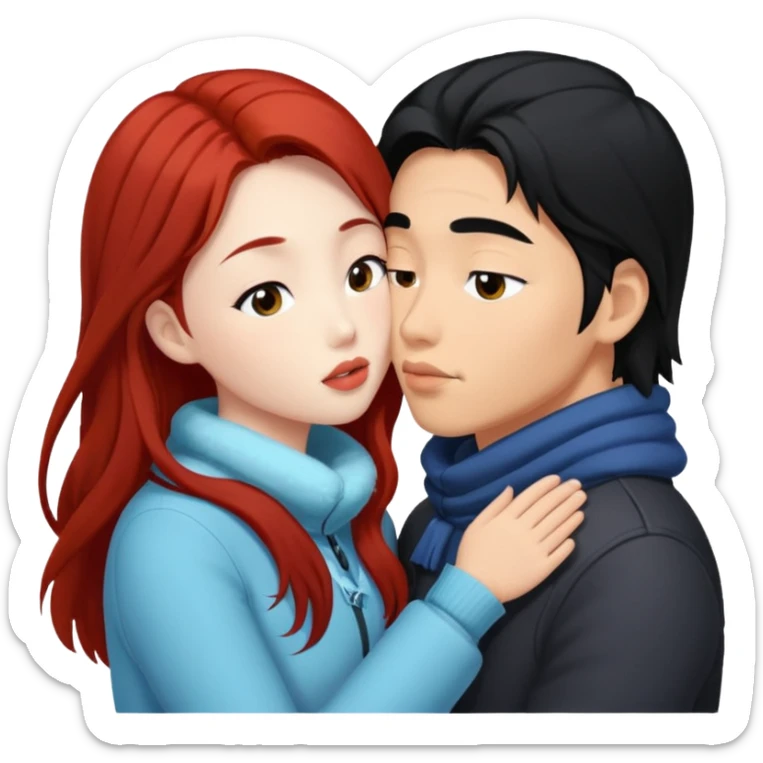 long black haired asian guy kissing redhead girl in snow sticker