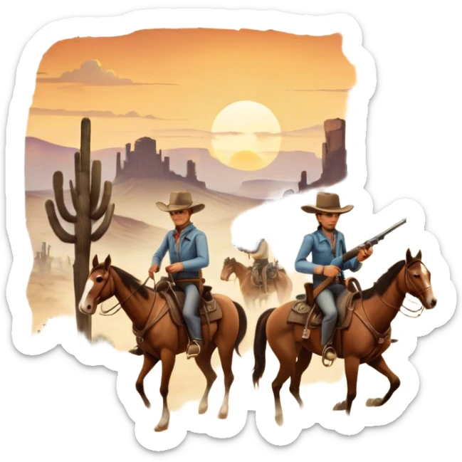 Icon for Western: A vintage movie poster-style design with cowboys on horseback, dusty desert landscape, and a setting sun. Include cowboy hats, revolvers, and an old saloon. The design should have bold typography and a retro cinematic feel. Transparent background. sticker