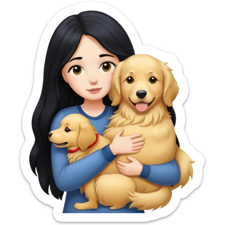 A white girl with long black  hair tightly hugged a Golden Retriever sticker