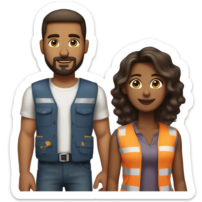 Beautiful black woman hair cut in a Bob wearing construction vest holding hands couple style with her handsome man who is her boyfriend wearing the same clothes he has a goatee and is slightly taller then her he is also darker she is brown skin  sticker
