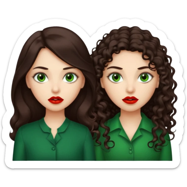 Two scornful girls, 1: long ironed straight darkbrown hair, green eyes, 2: long curly darkbrown hair, brown eyes sticker