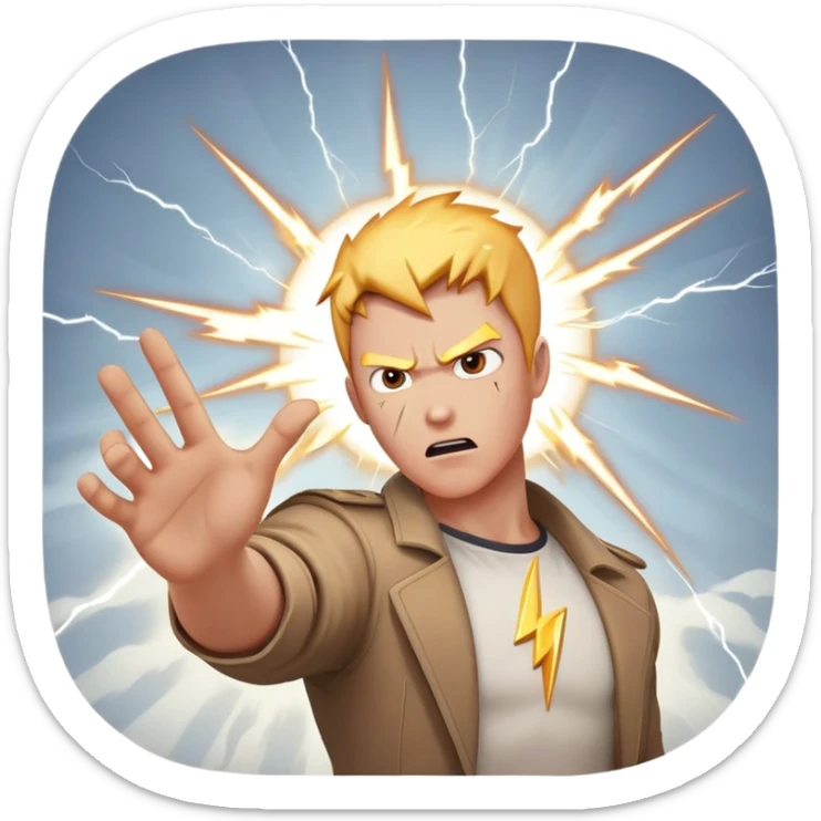 person aiming open palm hand at viewer, hand takes up most of the image, wrathful destructive facial expression, lightning blasts in background sticker