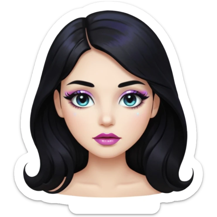 douyin long black hair glossy lips glittery iridescent white eyeshadow girl sticker