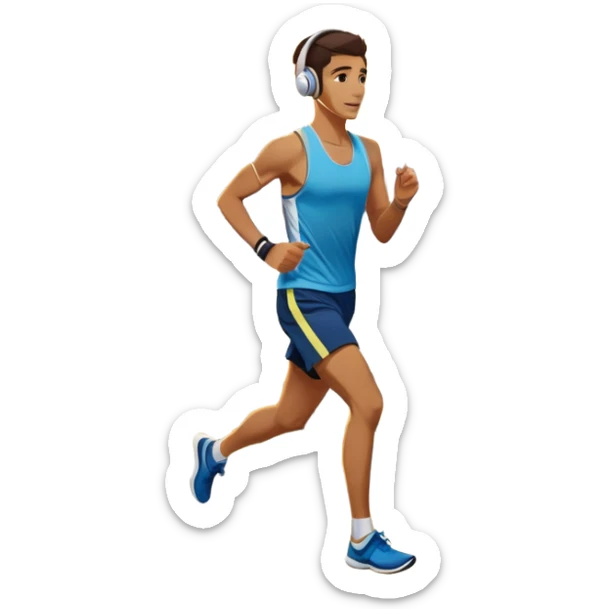 A runner wearing sports headphones jogs along a scenic waterfront promenade. The path is lined with trees, and the calm water reflects the golden hues of sunrise. In the background, a city skyline and distant mountains create a picturesque view. Transparent background enhances the motion. sticker