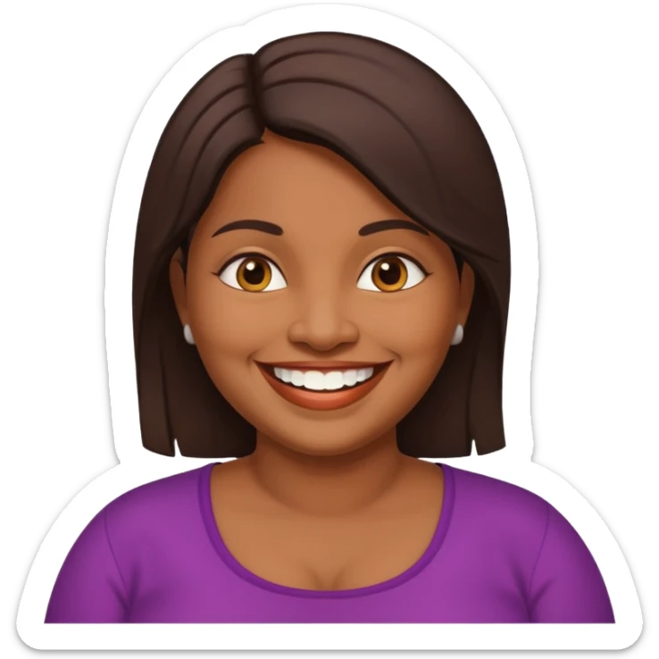 40 yr old chubby sri lankan woman, dark skin, straight brown hair, big smile, white teeth sticker
