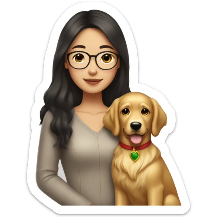 christmas Asian Girl with long glamorous dark brown hair and medium brown eyes and golden eyeglasses holds her pet golden retriever sticker