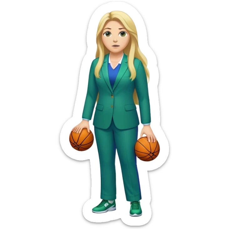 Full Body white plus size female basketball head coach with long blonde hair in a blue and green suit sticker