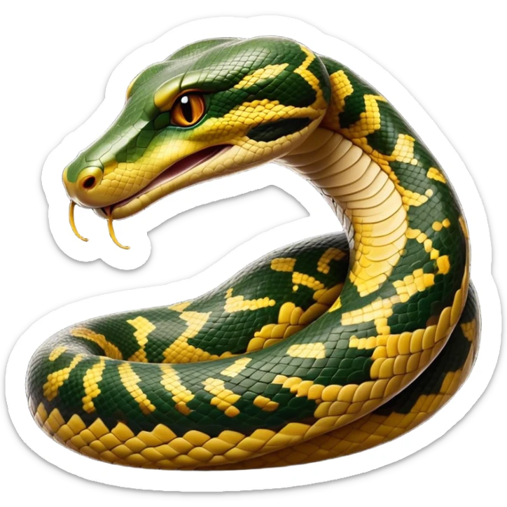 Cinematic Noble Anaconda Portrait Emoji, Poised and imposing, with a massive, sinuous build draped in intricately patterned scales and piercing, focused eyes, Simplified yet sharp and sophisticated features, highly detailed, glowing with a soft, earthy glow, high shine, intelligent and formidable, stylized with an air of primal elegance, focused and mysterious, soft glowing outline, capturing the essence of a watchful jungle guardian that feels as though it could coil out of the screen with effortless authority! sticker