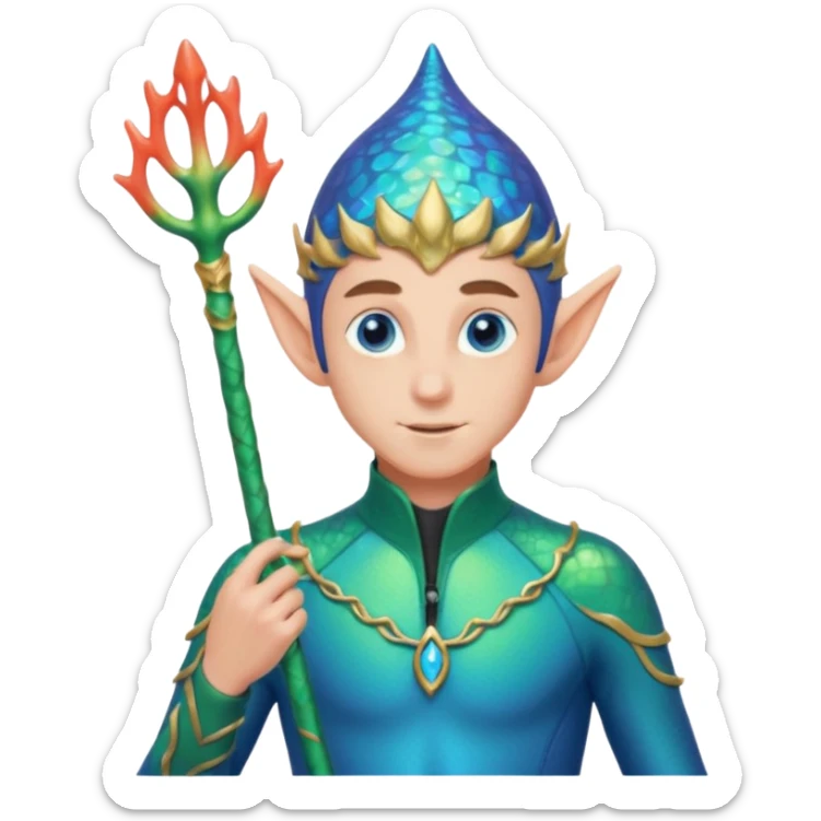 male elf in iridescent wetsuit, coral staff. Gills on neck sticker