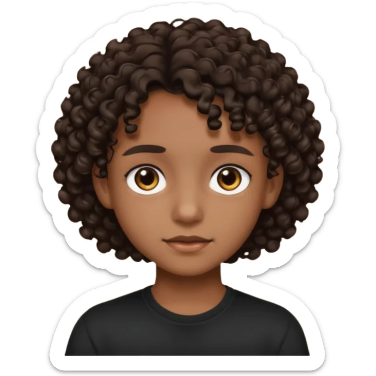 Un adolecente con camisa negra, pelo rizo y corto, corto y de color moreno con ojos negros sticker