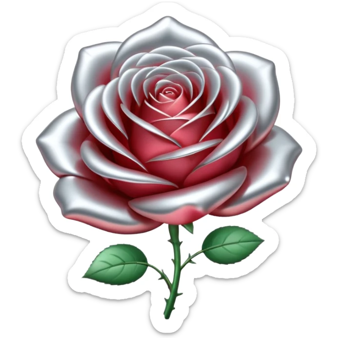 A rose emoji made of liquid silver metal, smooth metallic petals, reflective chrome surface, soft gradients, elegant shape, minimalistic iOS emoji style, centered, clean white background, realistic highlights, no text sticker