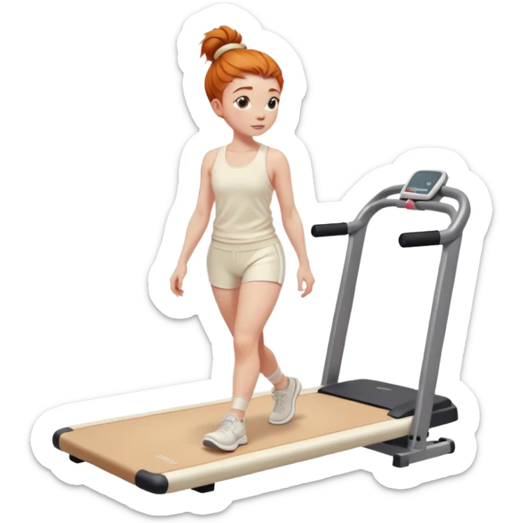 Ginger girl messy bun home gym walking on walking pad cream gym outfit sticker