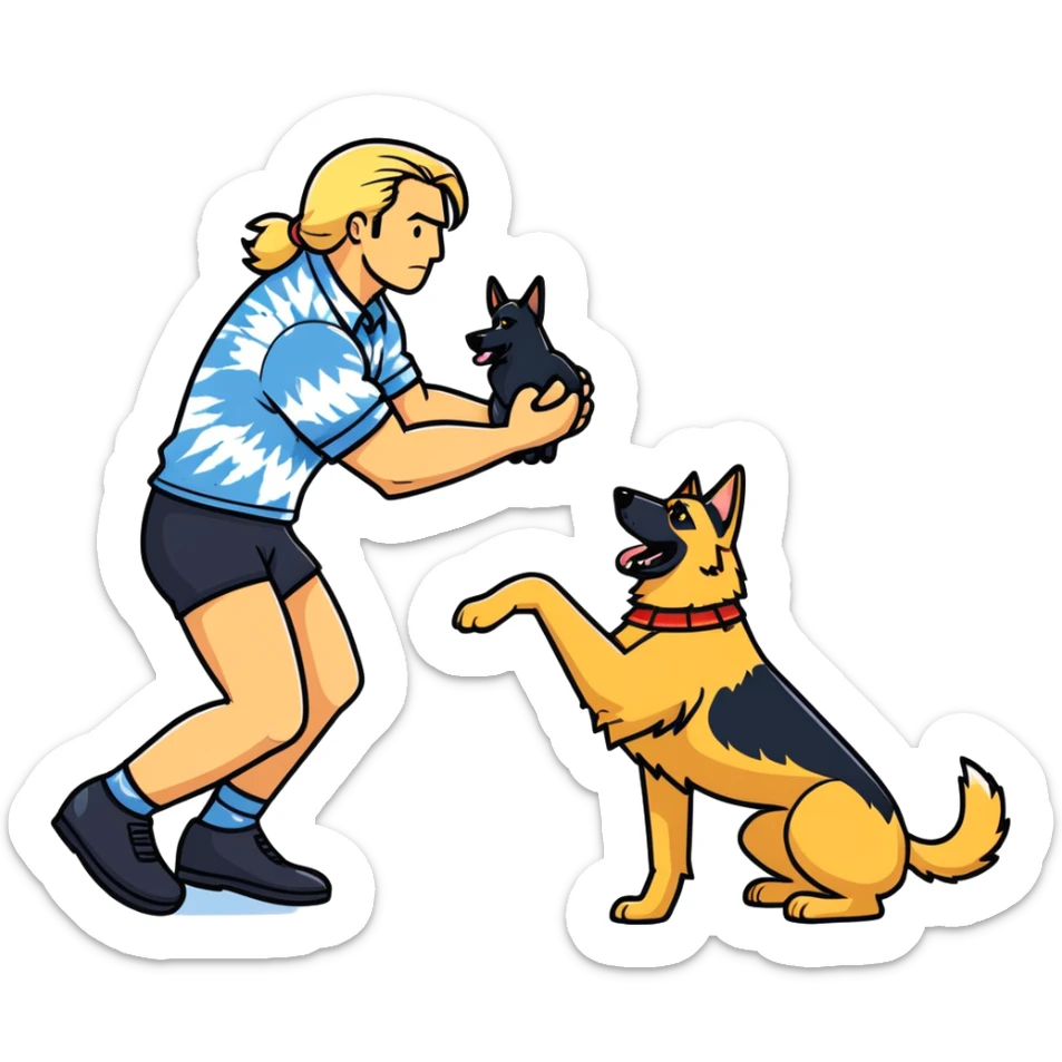 man with long blonde hair wearing tie dye shirt wrestling with German shepherd sticker