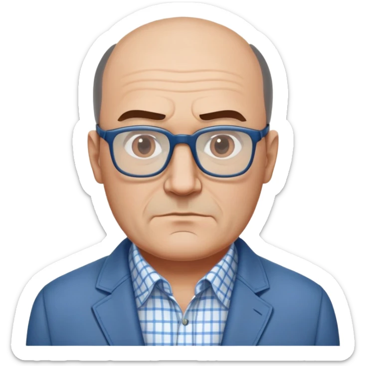 50-year-old heavyset man with wide face and prominent square jawline. Hair only on top of head with completely bald sides (horseshoe pattern baldness). Large dark square glasses. Serious-relaxed expression. Light gray jacket that fits his larger frame, white shirt with blue checkered pattern. sticker