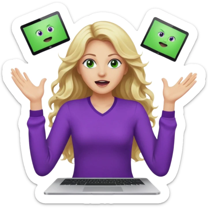 lady with long wavy blonde hair, purple top, green eyes, throwing her with a purple mac laptop hands in the air screaming, looking cross sticker