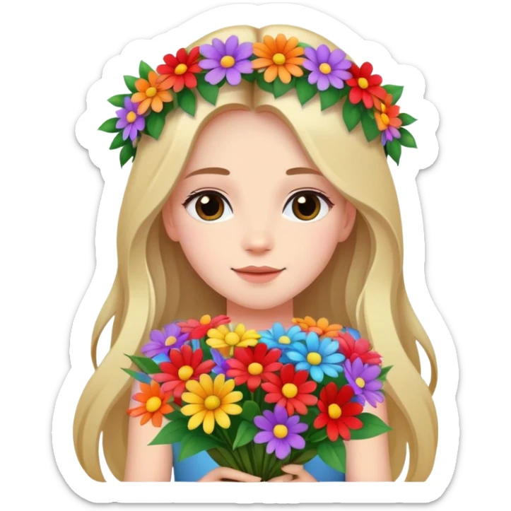 Beautiful girl with long hair and a wreath holding a bouquet of flowers sticker
