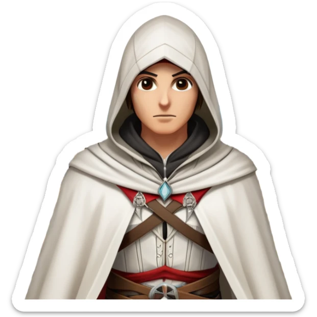 icon featuring Assasin's Creed in an iconic assassin's hood, standing tall against the backdrop of Florence. The design captures the essence of adventure, with intricate details of historical architecture and a sense of mystery. The character is poised, ready for action. transparent background. sticker