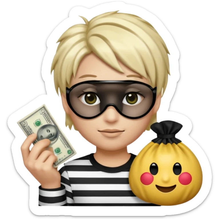 Realistic ios emoji-style portrait of a classic burglar, a black eye mask and a black-and-white striped shirt. Highly detailed, natural skin texture, realistic shadows, smooth gradients, glossy reflections in the eyes. emoji-like hair, black hat, an emoji bag of money in a right corner  sticker