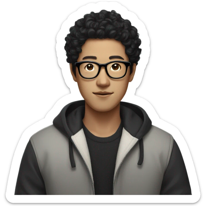 Korean men wearing black curls, black horn-rimmed glasses, and trendy clothes in square space sticker