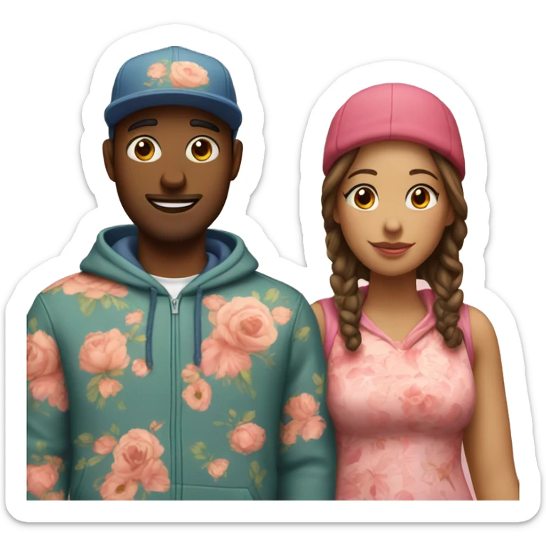 an couple, the man wearing cap and hoodie. the girl wearing an floral dress sticker