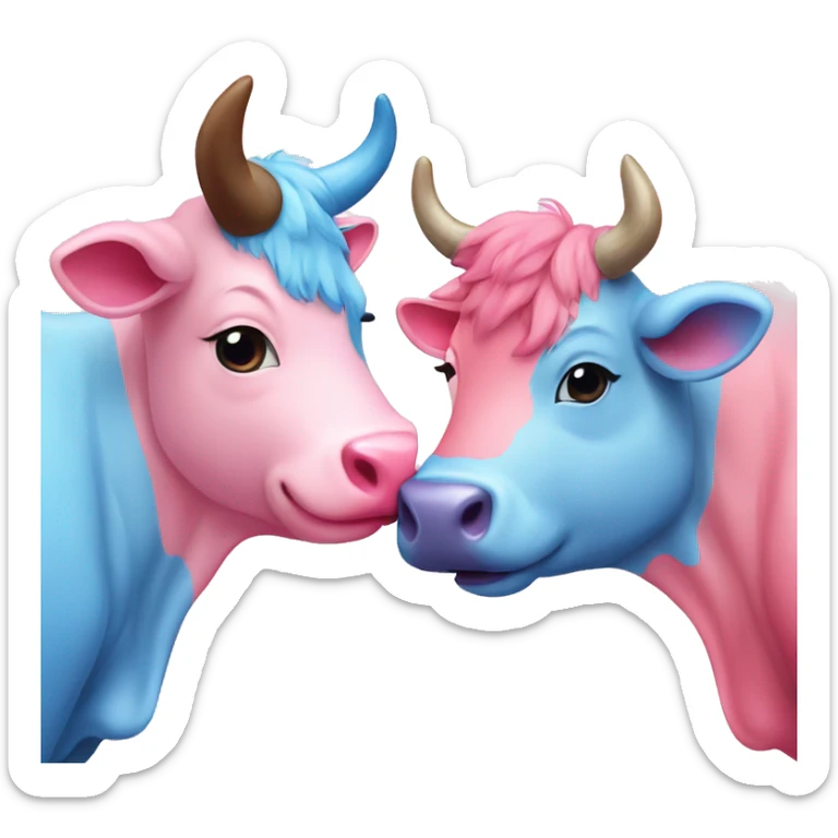 a cute pink cow and a cute blue bull kissing each other with a small heart in the middle sticker