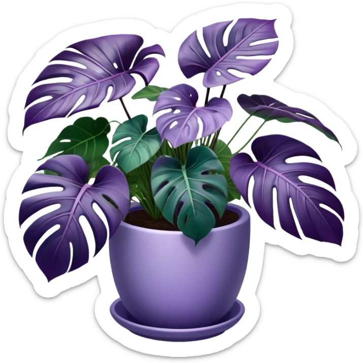 A stunning purple monstera plant with deep violet-green leaves, each leaf elegantly veined with subtle shades of purple, creating an ethereal glow. The plant is flourishing in a beautifully crafted lavender ceramic pot with intricate embossed floral patterns. The background features a softly blurred, moody violet gradient, enhancing the plant’s lush aesthetic. Delicate strands of ivy and tiny lavender blossoms cascade around the pot, adding depth and harmony. Soft, diffused lighting casts a gentle glow, emphasizing the plant’s unique coloration and creating a dreamy, artistic composition. sticker