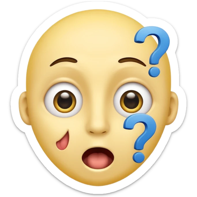 yellow face question mark emoji with wide eyes, mouth open in surprise, blue question mark above head sticker