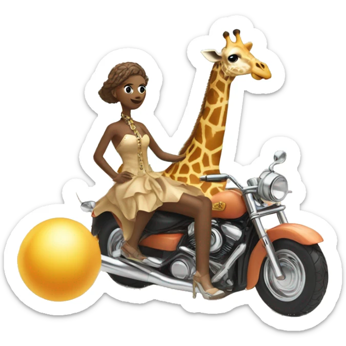 A giraffe wearing a ball gown riding a motorcycle at the beach into a sandcastle  sticker