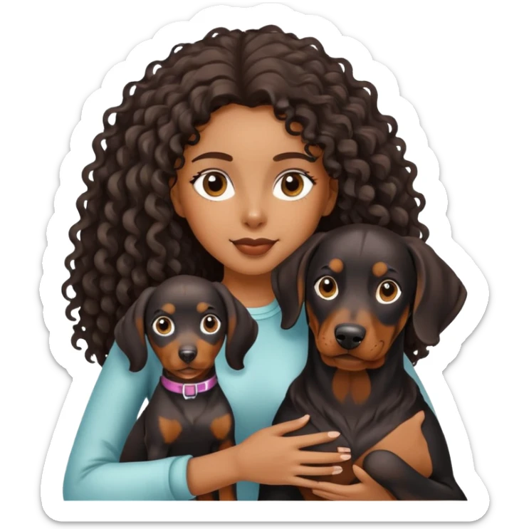 Black girl with long hair holding a Doberman dog sticker