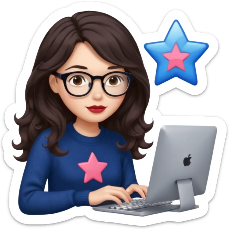a white young woman with very long wavy dark brown/chocolate hair typing in a computer. she's using glasses, her lips are light red and her cheeks slightly pink. Her eyes are dark brown. She's using a dark blue knit sweater that has a tiny star in the middle   sticker
