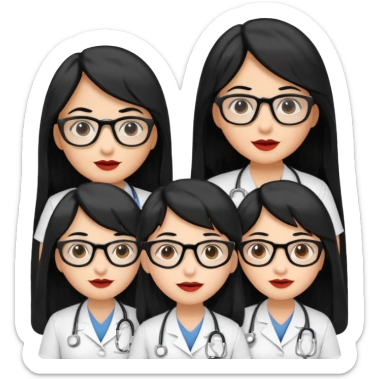 Genera emogis de 4 cuatro enfermeras de cabello negro largo, entre ellas que una tenga lentes y otra un lunar encima de los labios sticker