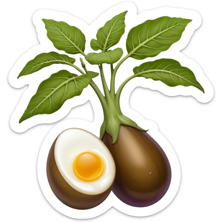 hybrid big brown coloured eggplant with veins along it, and one bulbous brown mushroom head to replace the stem and leaves of the eggplant. the object is positioned upright with two small brown boiled eggs attached at the lower half.  sticker