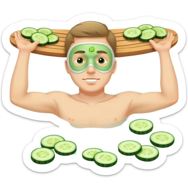 white man with green facial mask and cucumber slices on eyes, relaxing at a spa sticker