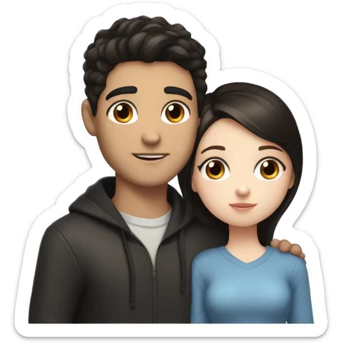 boy with blue eyes, pale skin and brown hair kissing a slightly tanned girl with black hair, dark brown eyes, the guy is taller sticker