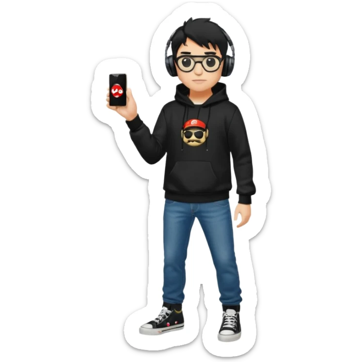 chico del cuerpo completo, cabello negro tipo militar, con audífonos Sony ,gafas Ray ban, sudadera negra con logotipo de super Mario, jeans negros Levis y tenis converse negros sticker