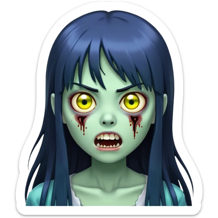 garota zumbi com Pele esverdeada ou azulada. Olhos grandes e amarelados. Cabelo preto, liso e longo, com franja reta. com a boca aberta mostrando dentes escuros. Aparência semelhante a figuras de terror, como fantasmas ou espíritos japoneses. sticker