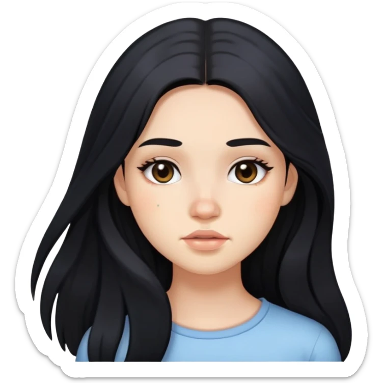 girl with long black hair, soft makeup, and acne on her face sticker